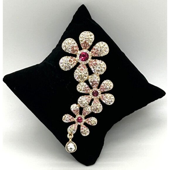 Isaac Mizrahi Floral Brooch Clear and Pink Crystal Flowers with Tag  Statement - Picture 1 of 13